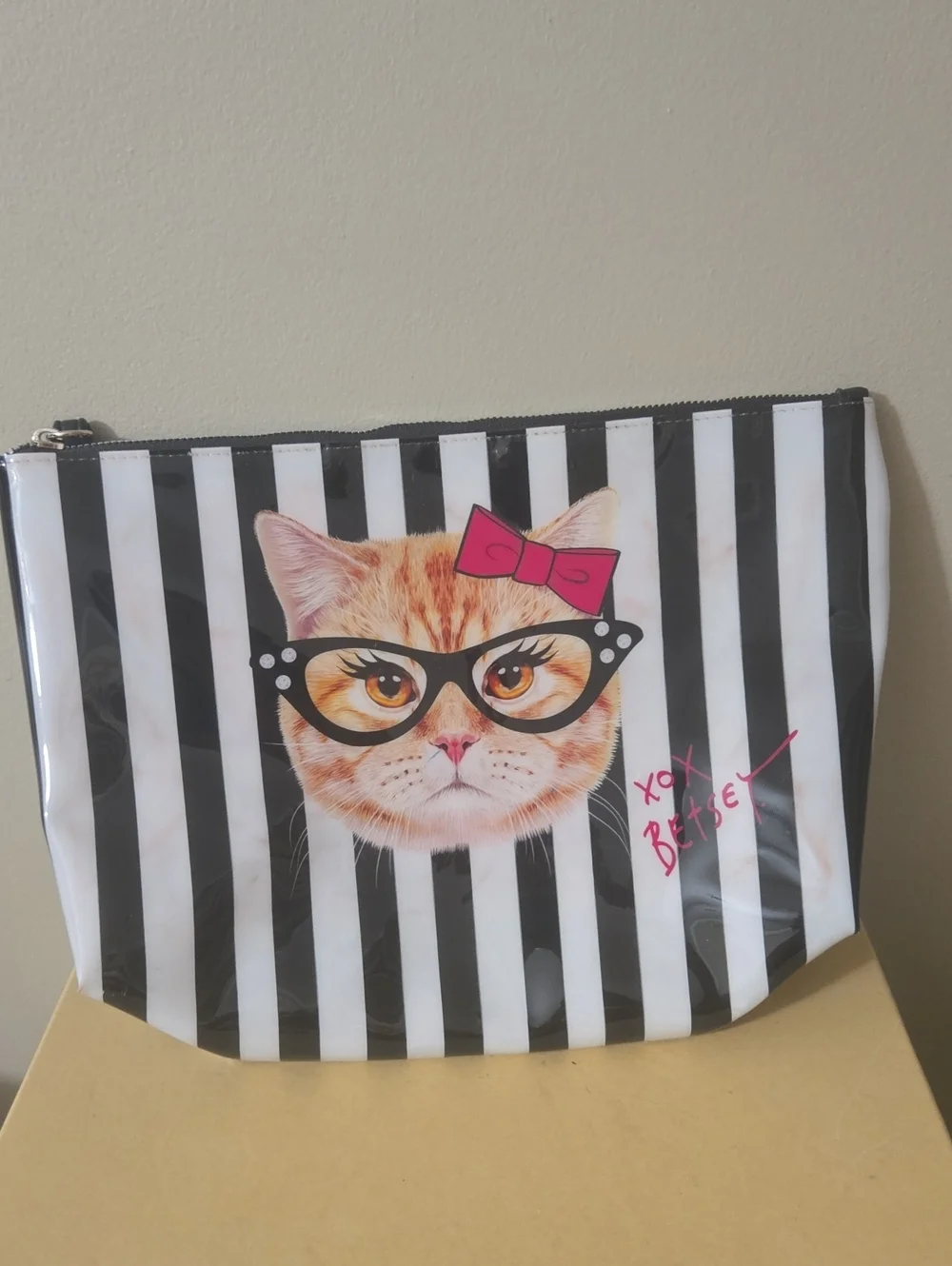 Betsey Johnson Black & White Striped Cat Pouch with Pink Bow
